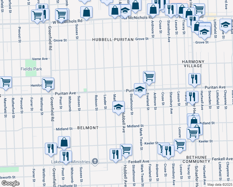 map of restaurants, bars, coffee shops, grocery stores, and more near 15910 Marlowe Street in Detroit