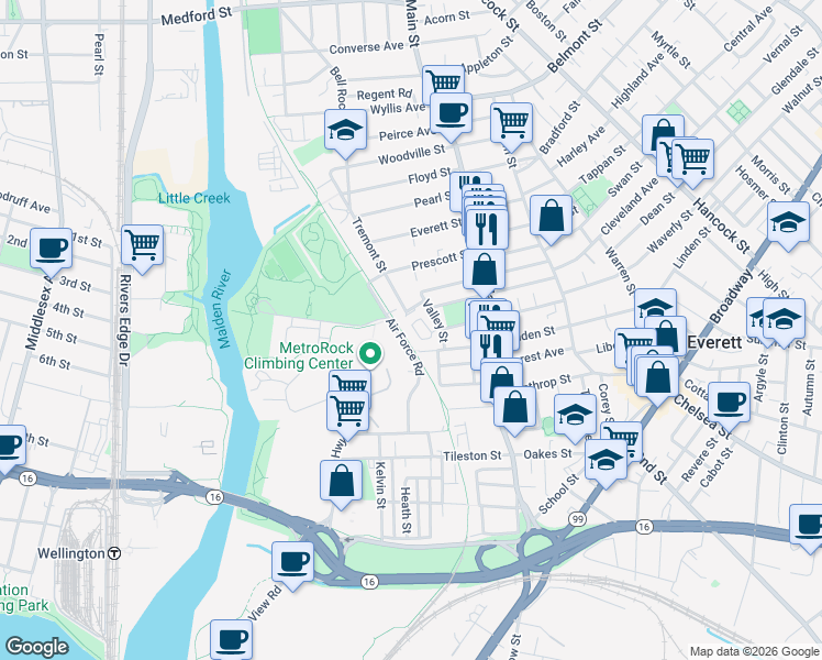 map of restaurants, bars, coffee shops, grocery stores, and more near 39 Tremont Street in Everett