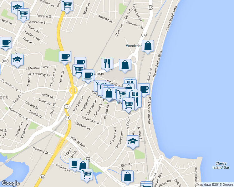 map of restaurants, bars, coffee shops, grocery stores, and more near 110 Kimball Avenue in Revere