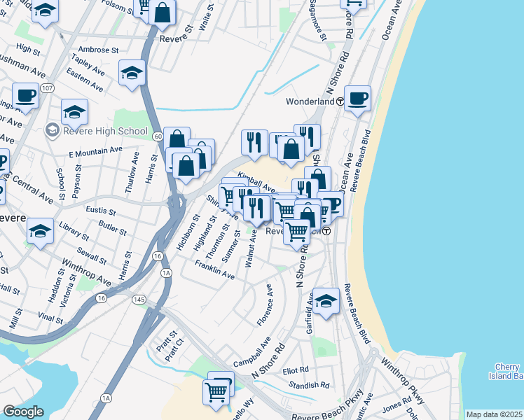 map of restaurants, bars, coffee shops, grocery stores, and more near 9 Walnut Avenue in Revere