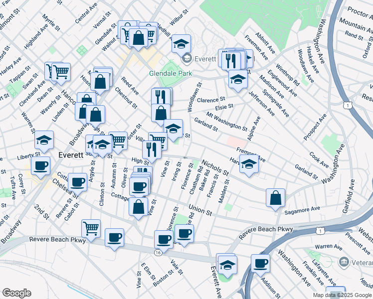 map of restaurants, bars, coffee shops, grocery stores, and more near 39 Woodlawn Street in Everett