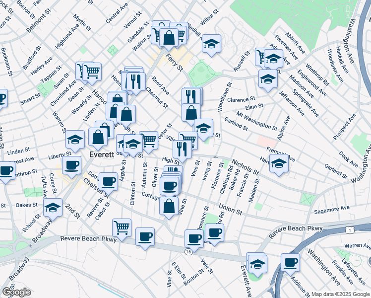 map of restaurants, bars, coffee shops, grocery stores, and more near 162 Ferry Street in Everett