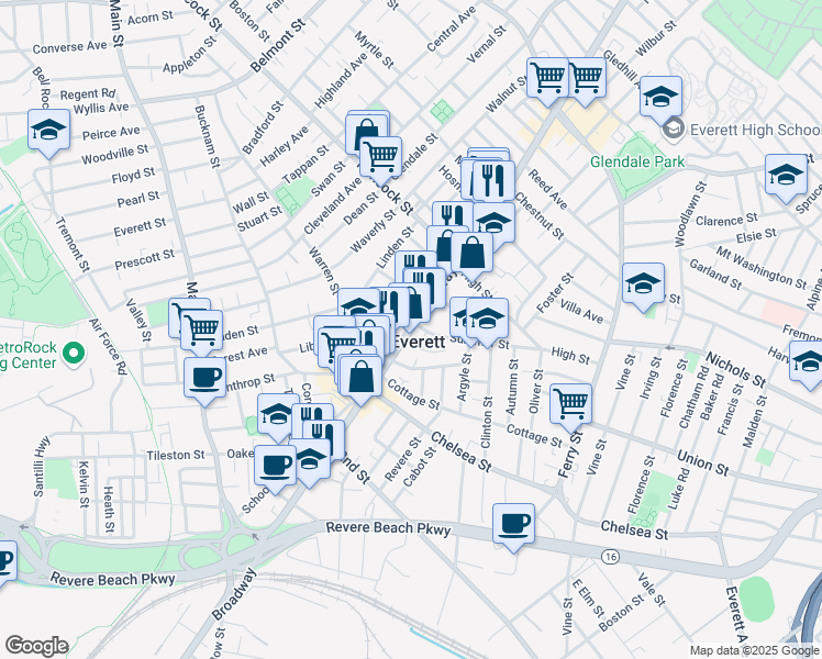 map of restaurants, bars, coffee shops, grocery stores, and more near 524 Broadway in Everett