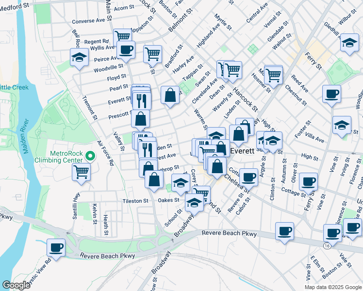 map of restaurants, bars, coffee shops, grocery stores, and more near 38 Bucknam Street in Everett