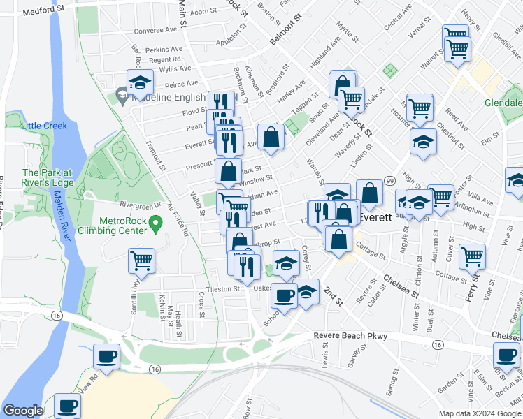 map of restaurants, bars, coffee shops, grocery stores, and more near 74 Baldwin Avenue in Everett