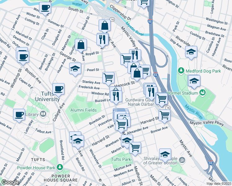 map of restaurants, bars, coffee shops, grocery stores, and more near 10 Hancock Street in Medford