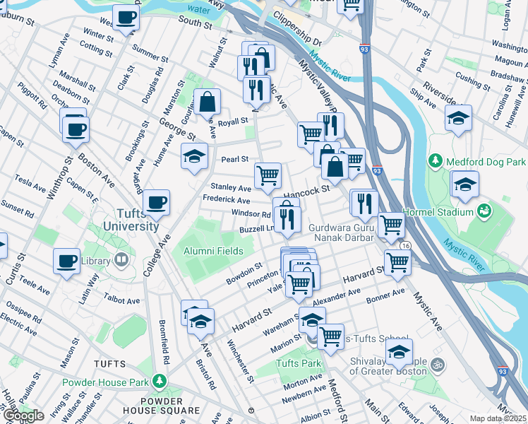 map of restaurants, bars, coffee shops, grocery stores, and more near 16 Stanley Avenue in Medford