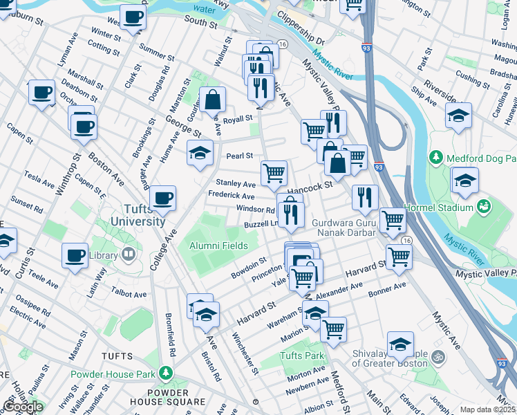 map of restaurants, bars, coffee shops, grocery stores, and more near 16 Stanley Avenue in Medford