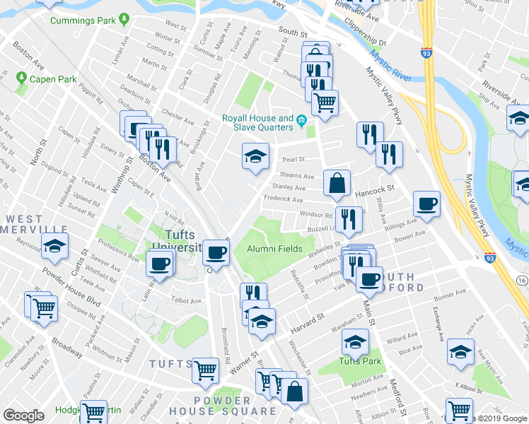 map of restaurants, bars, coffee shops, grocery stores, and more near 105 Frederick Avenue in Medford