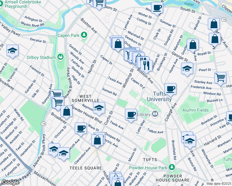 map of restaurants, bars, coffee shops, grocery stores, and more near 20 Tesla Avenue in Medford