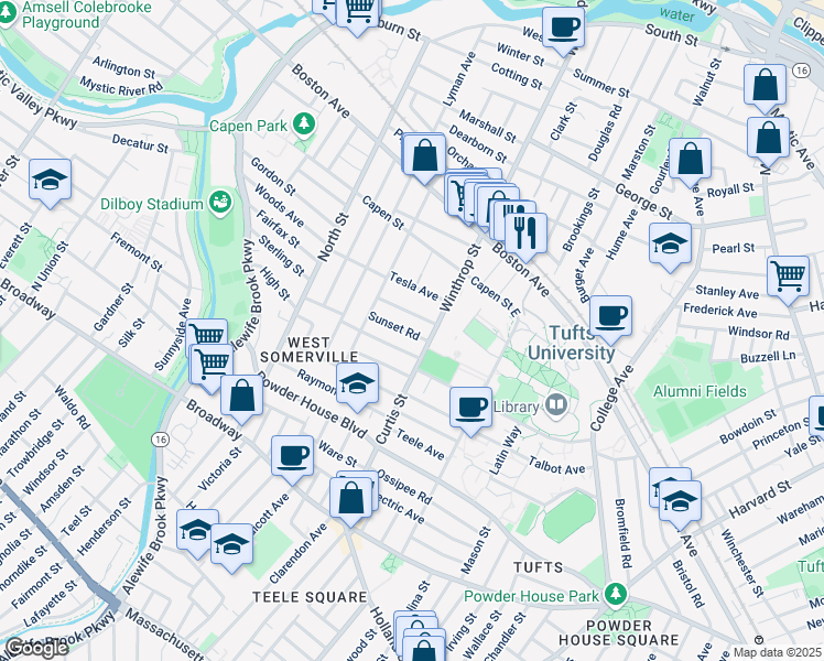 map of restaurants, bars, coffee shops, grocery stores, and more near 20 Tesla Avenue in Medford