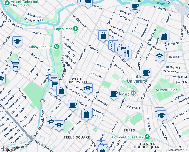 map of restaurants, bars, coffee shops, grocery stores, and more near 48 Upland Road in Somerville