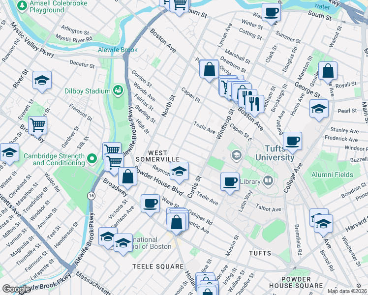 map of restaurants, bars, coffee shops, grocery stores, and more near 48 Upland Road in Somerville