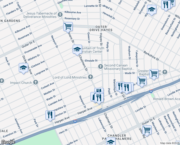 map of restaurants, bars, coffee shops, grocery stores, and more near 14901 Corbett Avenue in Detroit