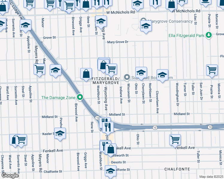 map of restaurants, bars, coffee shops, grocery stores, and more near 8845 Puritan Avenue in Detroit