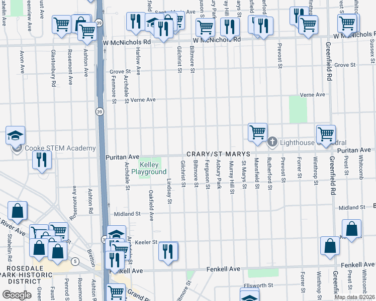 map of restaurants, bars, coffee shops, grocery stores, and more near 16167 Biltmore Street in Detroit
