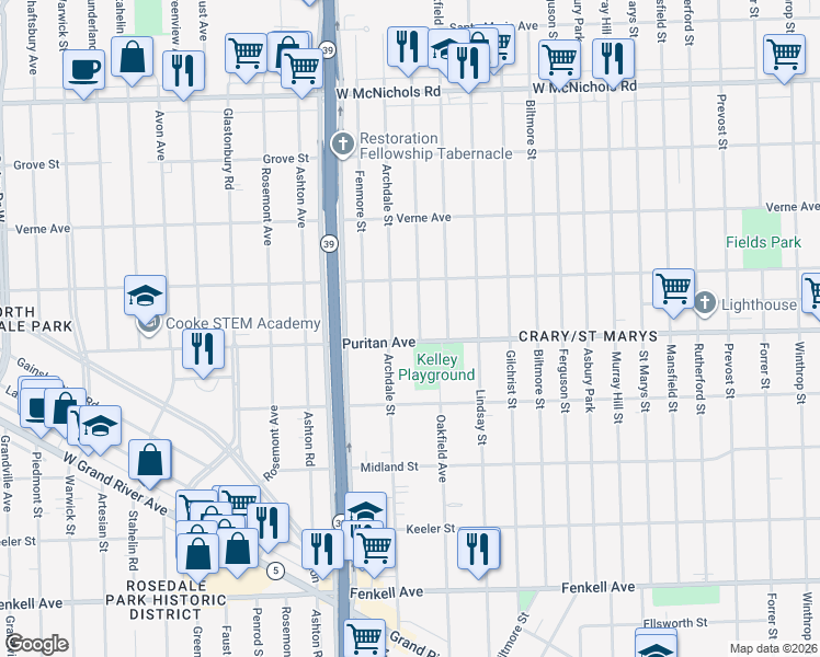 map of restaurants, bars, coffee shops, grocery stores, and more near 16175 Harlow Avenue in Detroit