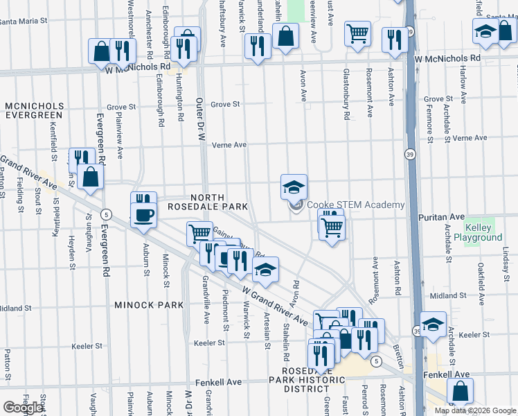 map of restaurants, bars, coffee shops, grocery stores, and more near 16196 Sunderland Road in Detroit