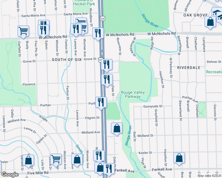 map of restaurants, bars, coffee shops, grocery stores, and more near 16242 Dale Street in Detroit