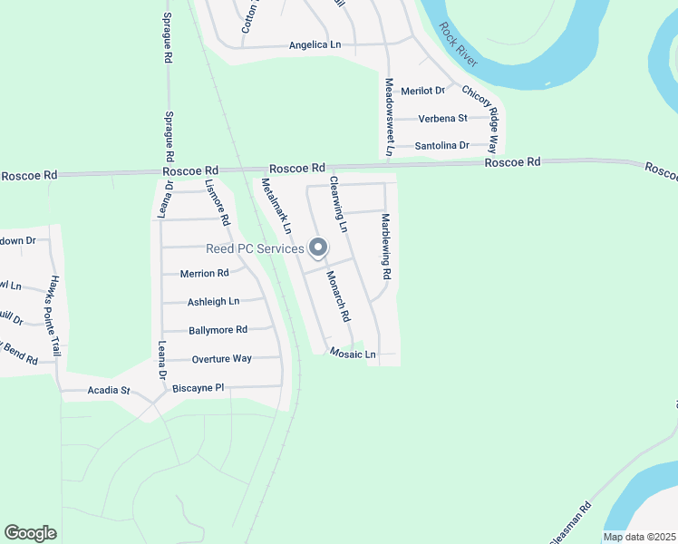 map of restaurants, bars, coffee shops, grocery stores, and more near 10263 Clearwing Lane in Roscoe