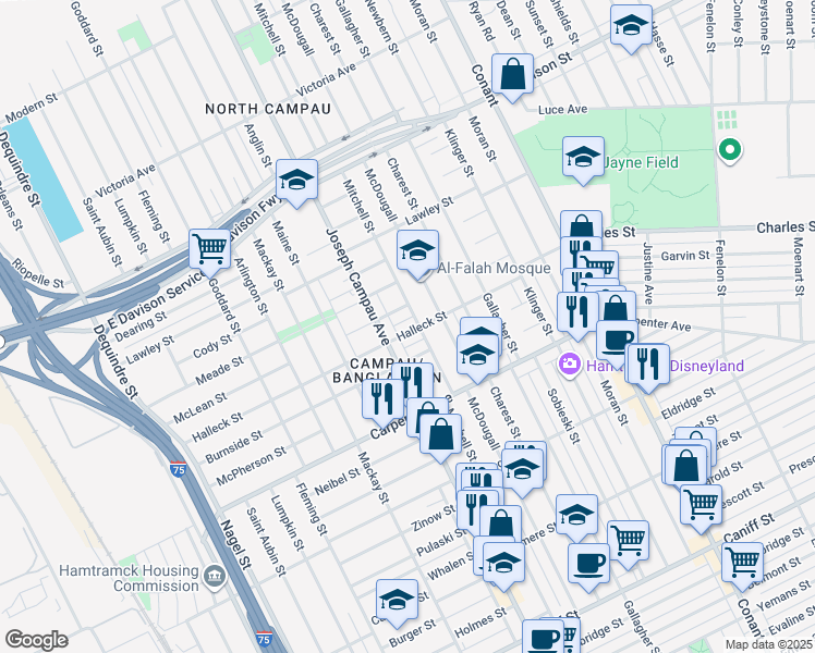 map of restaurants, bars, coffee shops, grocery stores, and more near 12541 McDougall Street in Detroit