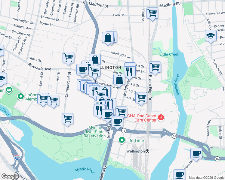 map of restaurants, bars, coffee shops, grocery stores, and more near 29 Bradbury Avenue in Medford