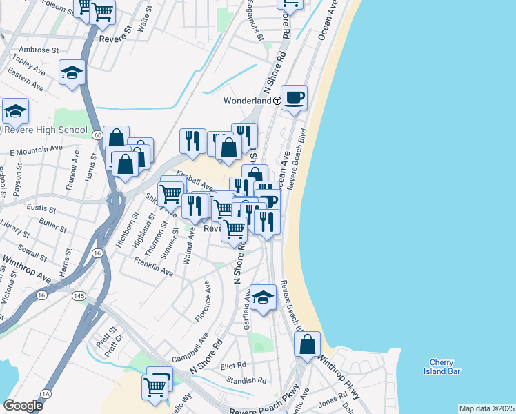 map of restaurants, bars, coffee shops, grocery stores, and more near in Revere