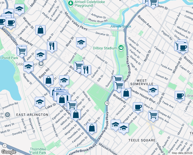 map of restaurants, bars, coffee shops, grocery stores, and more near 26 Gardner Street in Arlington