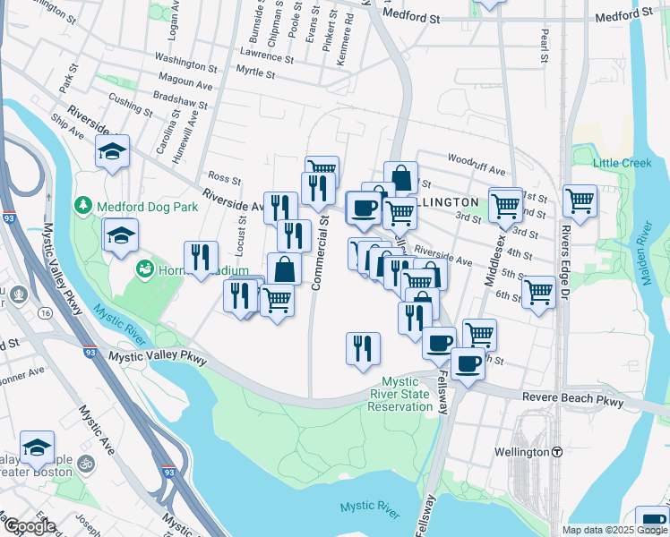 map of restaurants, bars, coffee shops, grocery stores, and more near 30 Commercial Street in Medford