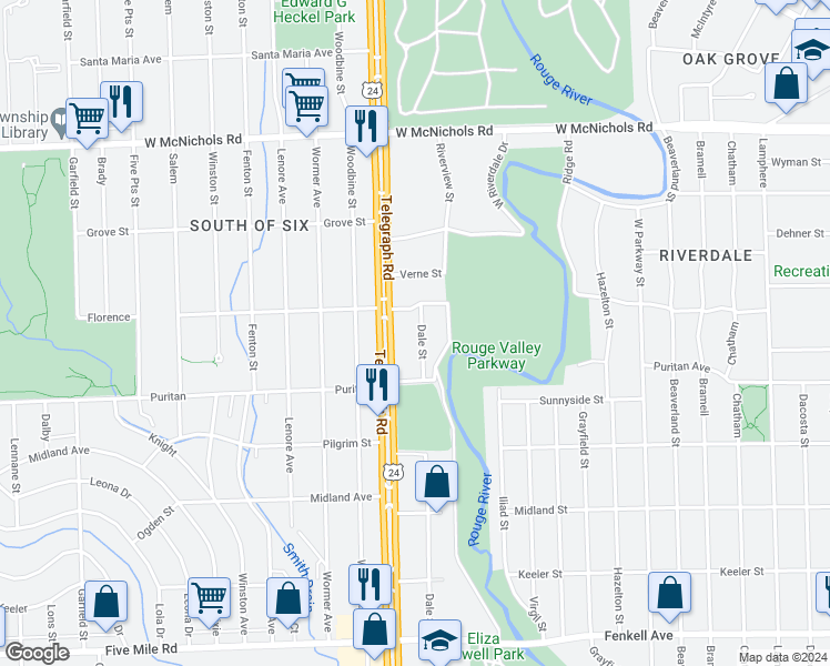 map of restaurants, bars, coffee shops, grocery stores, and more near 16242 Dale Street in Detroit