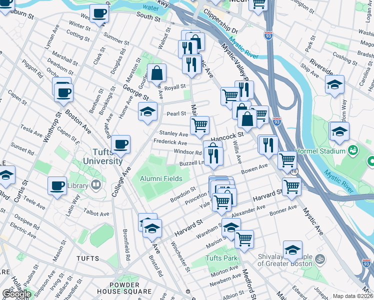 map of restaurants, bars, coffee shops, grocery stores, and more near 16 Stanley Avenue in Medford
