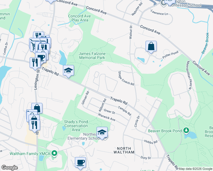 map of restaurants, bars, coffee shops, grocery stores, and more near 204 Clocktower Drive in Waltham