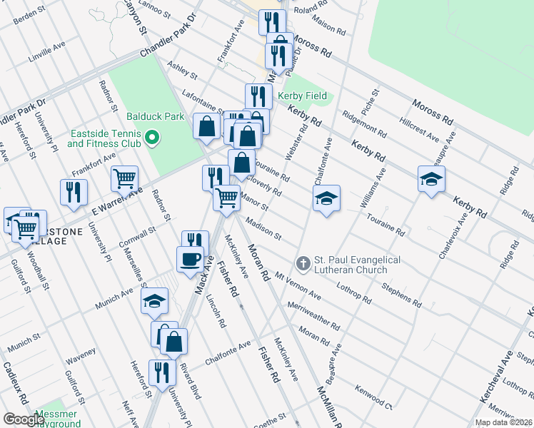 map of restaurants, bars, coffee shops, grocery stores, and more near 435 Cloverly Road in Grosse Pointe Farms