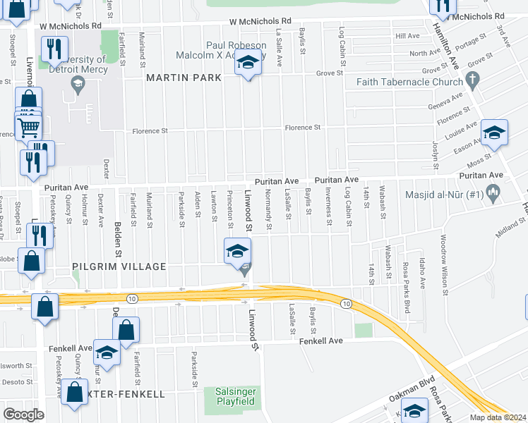map of restaurants, bars, coffee shops, grocery stores, and more near 15879 Normandy Street in Detroit
