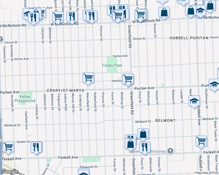 map of restaurants, bars, coffee shops, grocery stores, and more near 16149 Forrer Street in Detroit