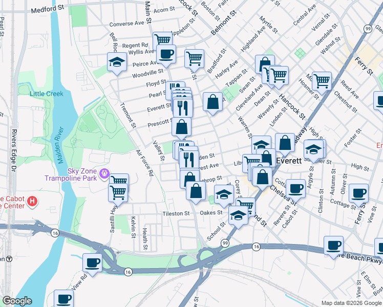 map of restaurants, bars, coffee shops, grocery stores, and more near 254 Main Street in Everett
