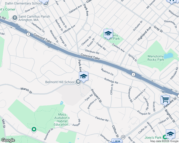 map of restaurants, bars, coffee shops, grocery stores, and more near 44 Lamoine Street in Belmont