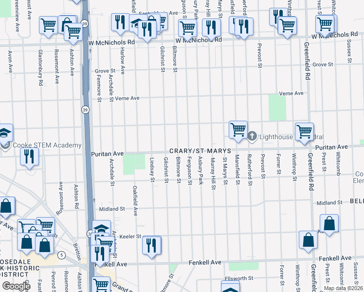 map of restaurants, bars, coffee shops, grocery stores, and more near 16167 Biltmore Street in Detroit
