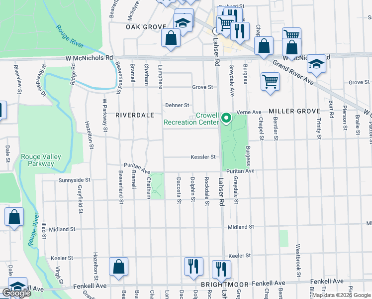 map of restaurants, bars, coffee shops, grocery stores, and more near 22161 Ulster Street in Detroit