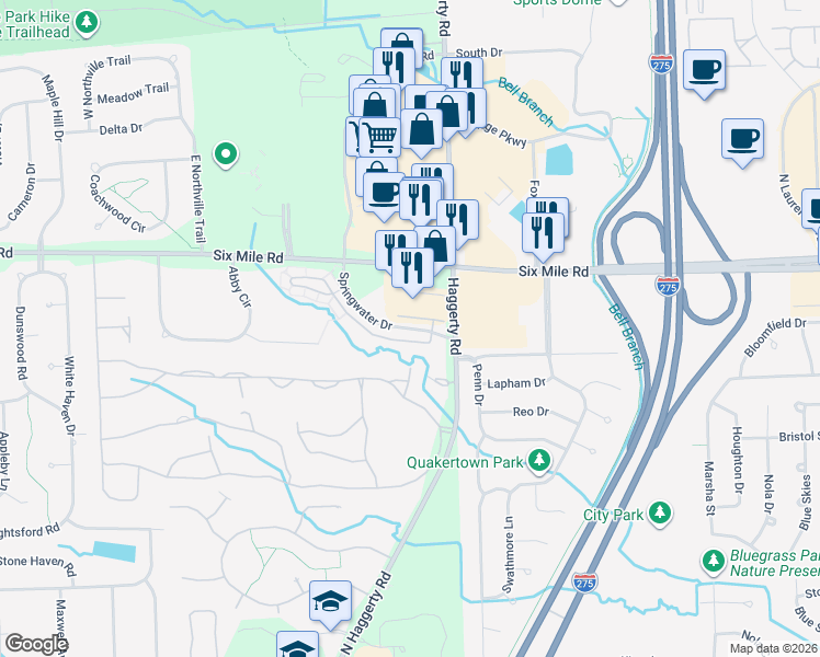 map of restaurants, bars, coffee shops, grocery stores, and more near 39404 Springwater Drive in Northville