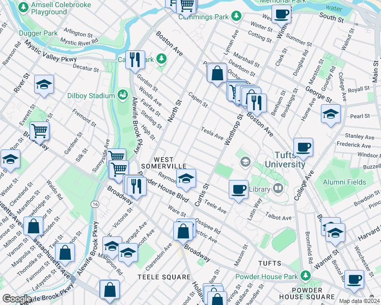 map of restaurants, bars, coffee shops, grocery stores, and more near 53 Chetwynd Road in Somerville
