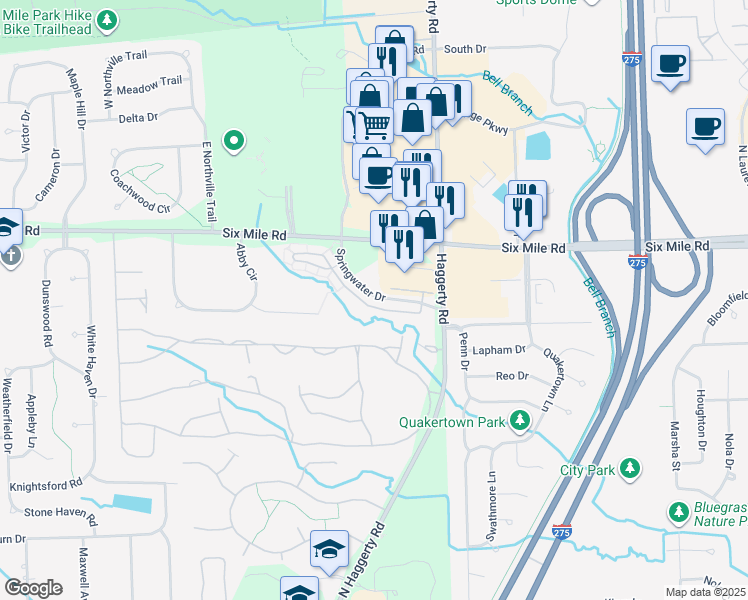 map of restaurants, bars, coffee shops, grocery stores, and more near 39621 Springwater Drive in Northville