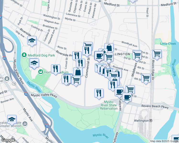 map of restaurants, bars, coffee shops, grocery stores, and more near 30 Commercial Street in Medford