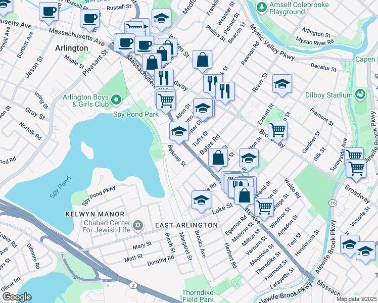 map of restaurants, bars, coffee shops, grocery stores, and more near 286 Massachusetts Avenue in Arlington