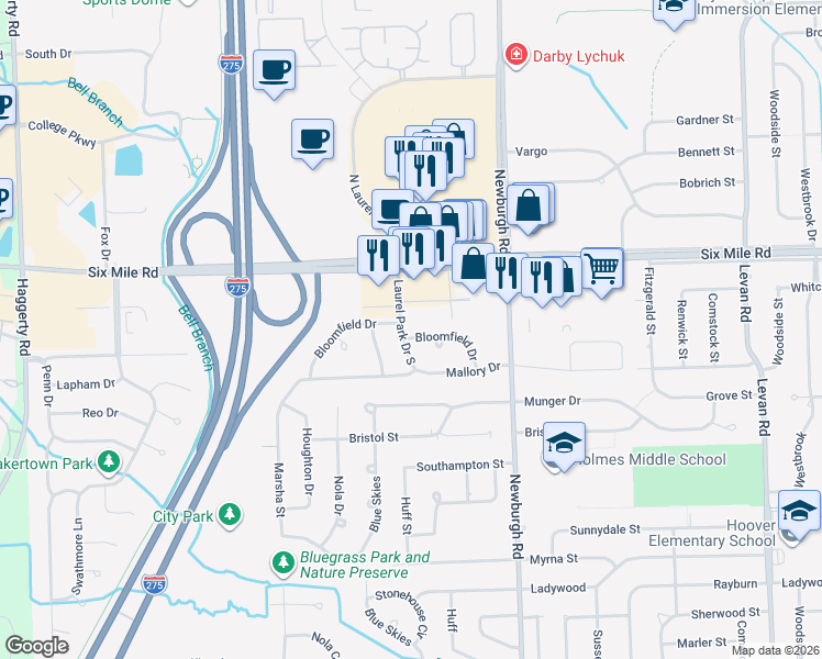 map of restaurants, bars, coffee shops, grocery stores, and more near 37799 Professional Center Drive in Livonia