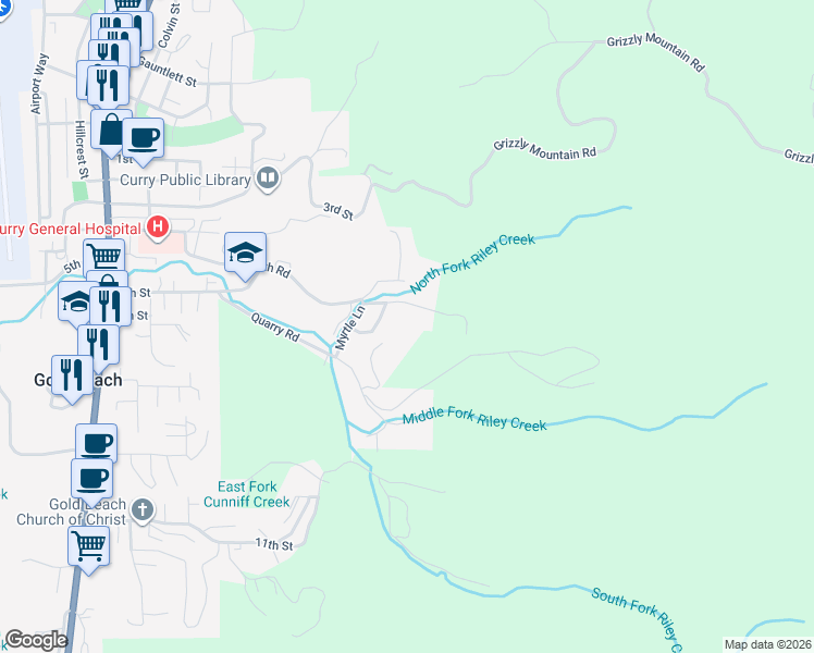 map of restaurants, bars, coffee shops, grocery stores, and more near 94489 Riley Creek Way in Gold Beach