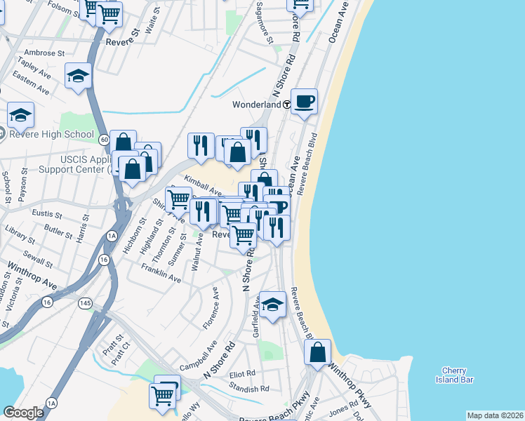 map of restaurants, bars, coffee shops, grocery stores, and more near in Revere