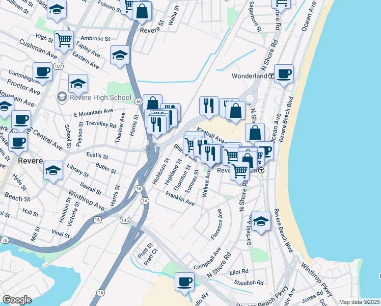 map of restaurants, bars, coffee shops, grocery stores, and more near 537 Beach Street in Revere
