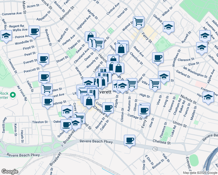 map of restaurants, bars, coffee shops, grocery stores, and more near 524 Broadway in Everett