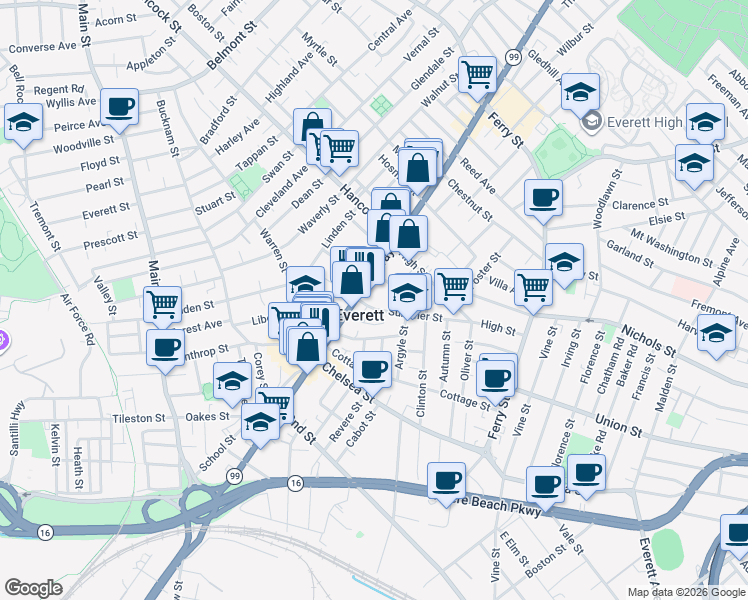 map of restaurants, bars, coffee shops, grocery stores, and more near 524 Broadway in Everett